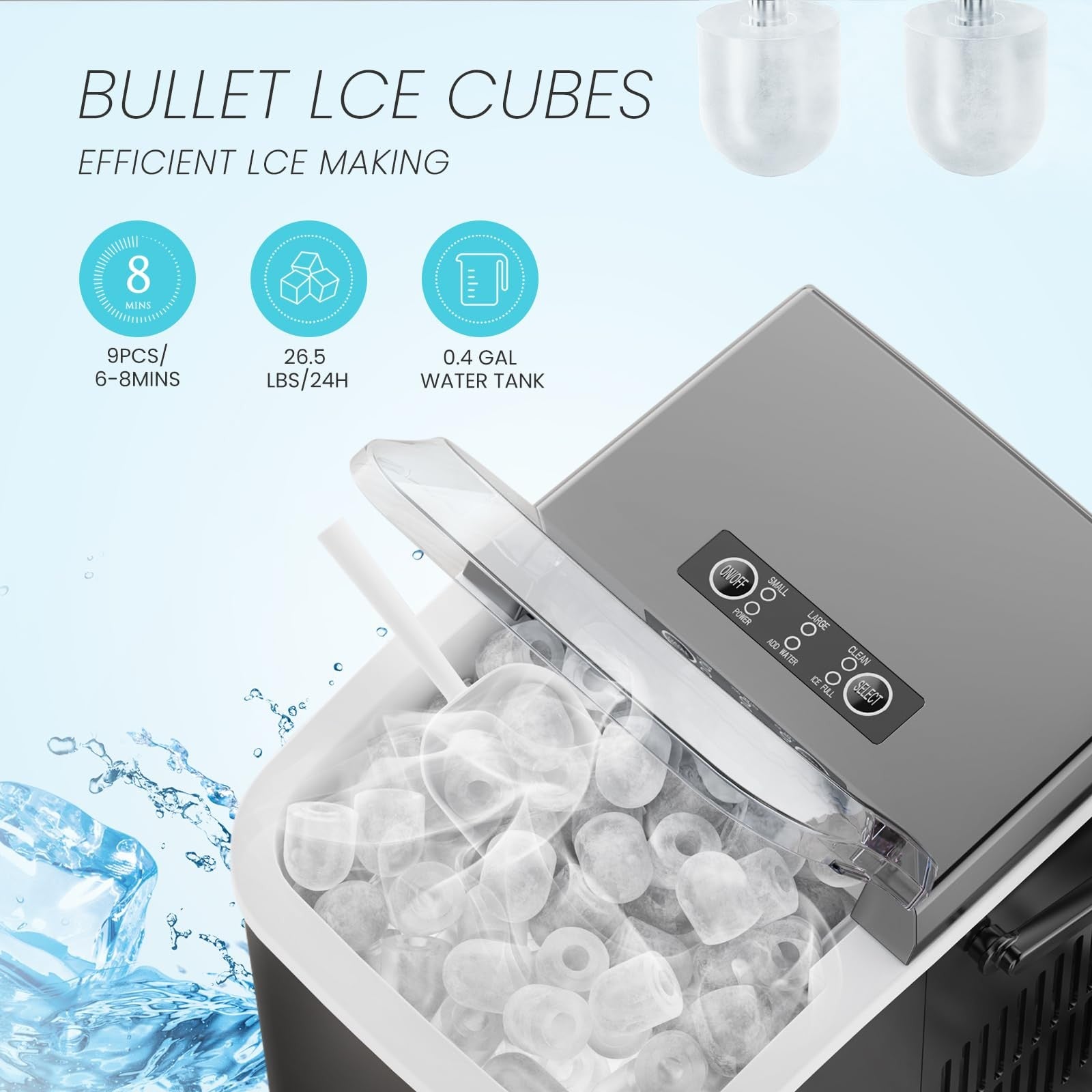 Portable Countertop Ice Maker 26lb/24H 9 Bullet Ice Cubes Basket Scoop Black