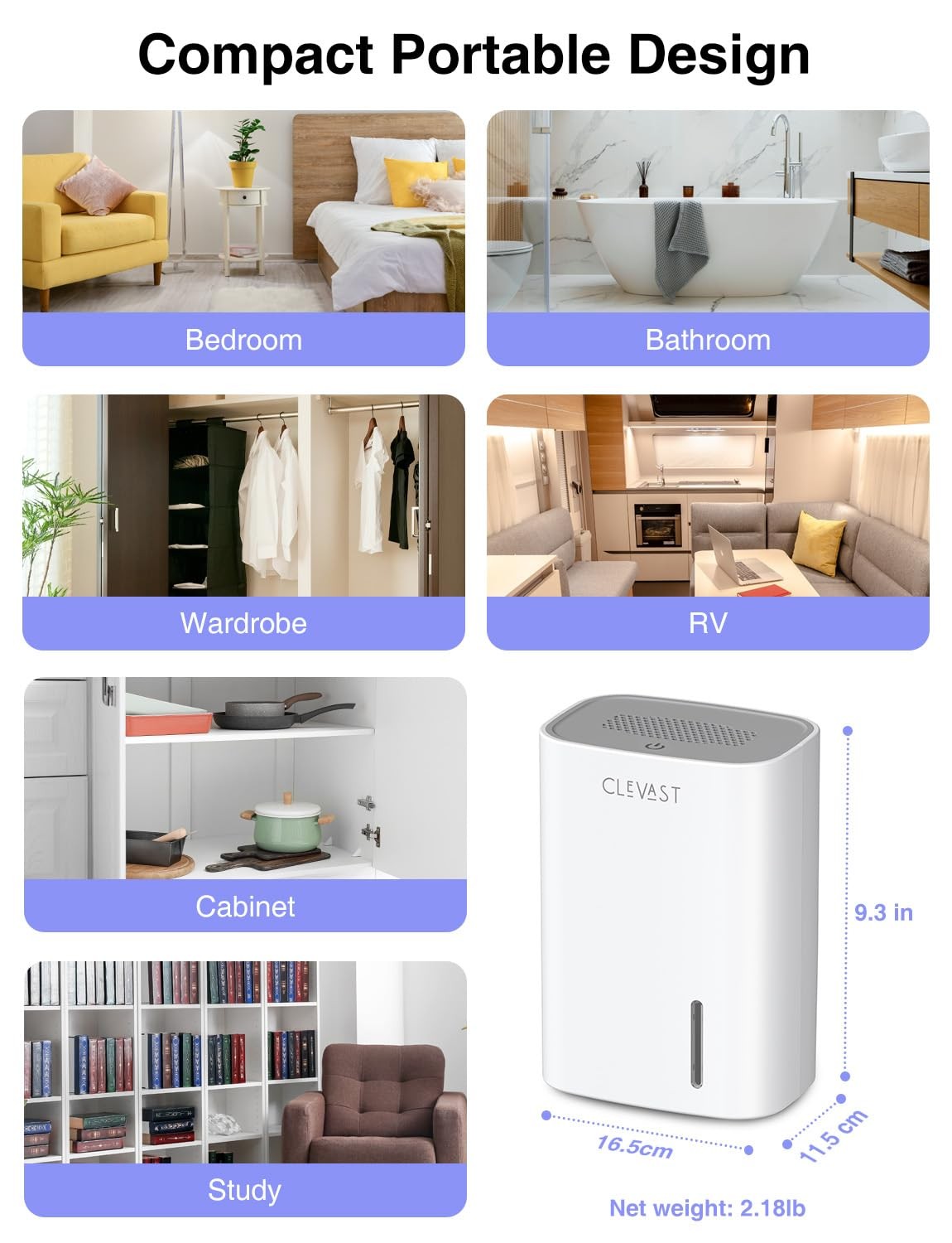 CLEVAST Mini Dehumidifier 30oz Water Tank Quiet Portable Room Dehumidifier