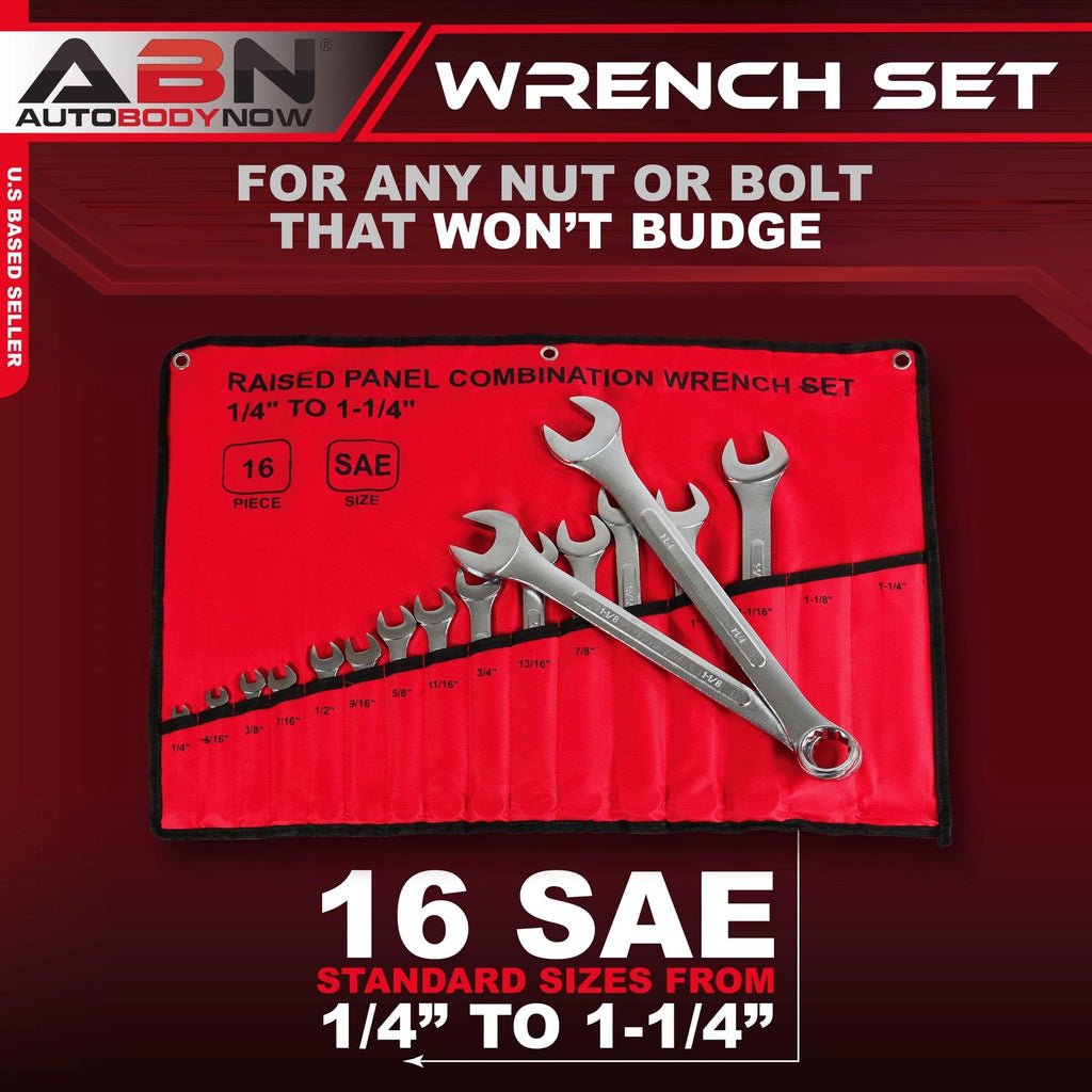 ABN 16-Piece SAE Combination Wrench Set 1/4" to 1-1/4" w/ Roll-Up Pouch 12-Point
