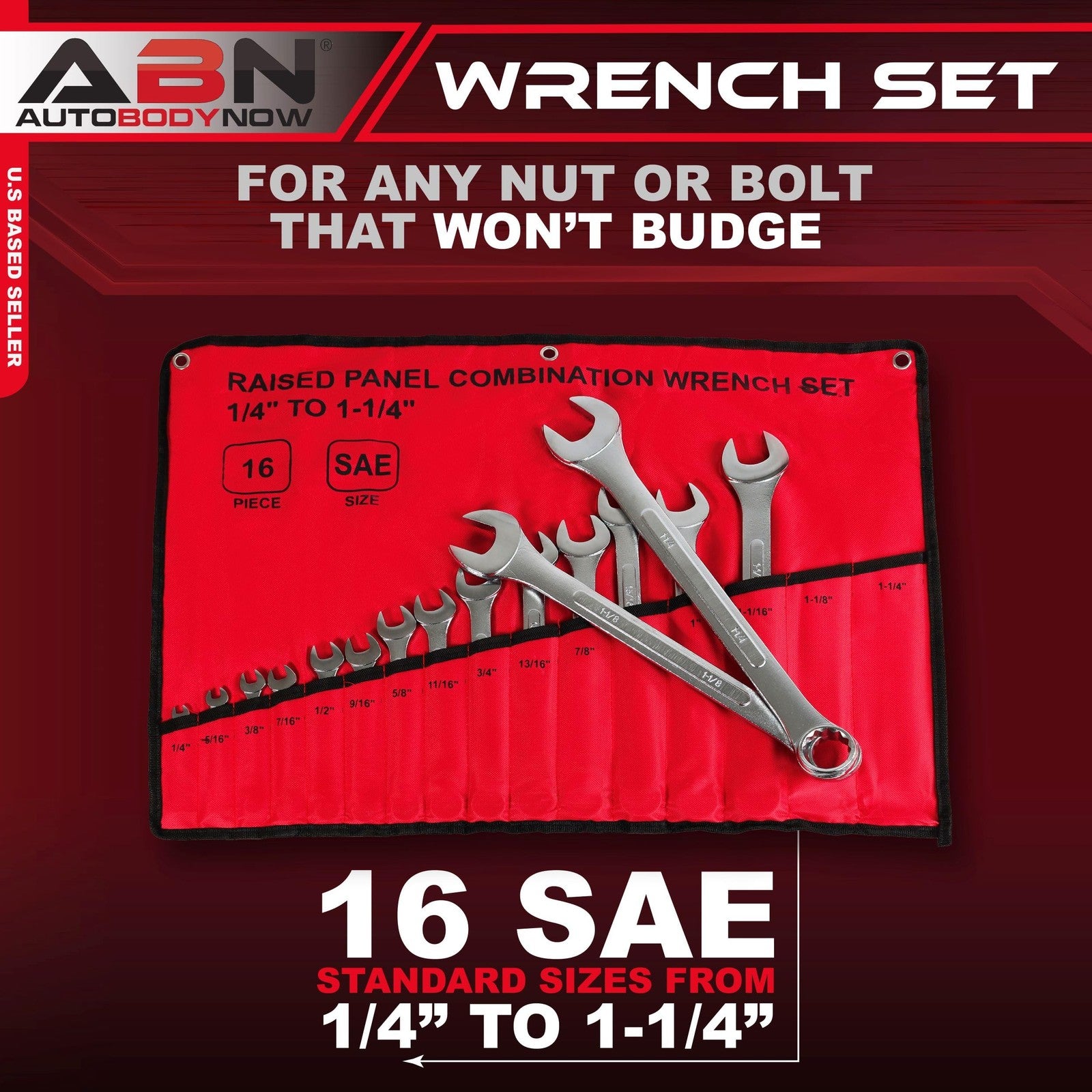 ABN 16-Piece SAE Combination Wrench Set 1/4" to 1-1/4" w/ Roll-Up Pouch 12-Point