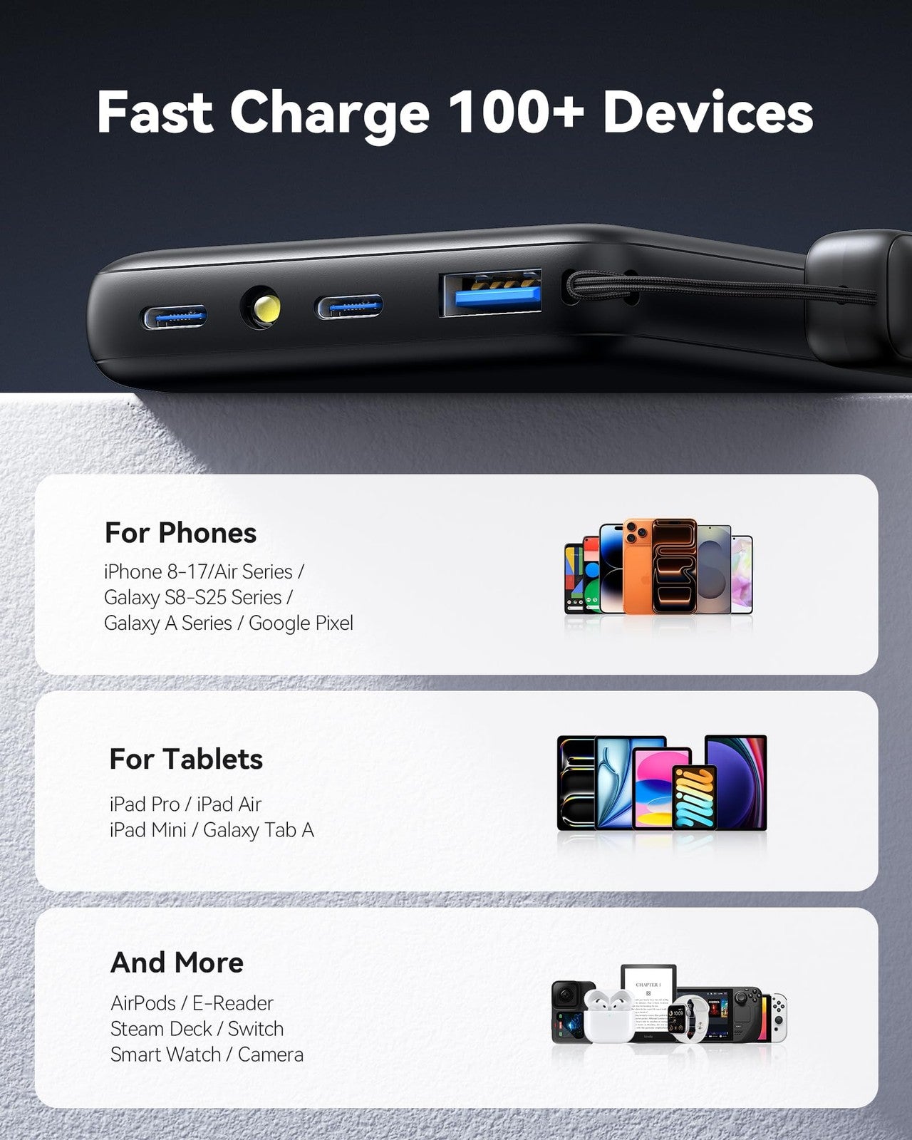 INIU Portable Charger, Ultra Slim 45W Fast Charging with Attached USB C Cable,
