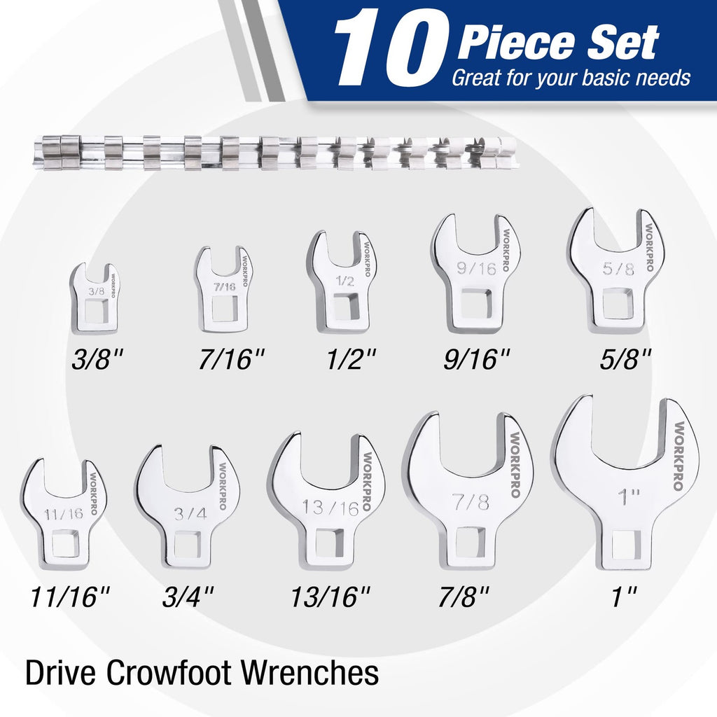 WORKPRO 10-Pc SAE 3/8" Drive Crowfoot Wrench Set 3/8"-1" w/ Clip Organizer