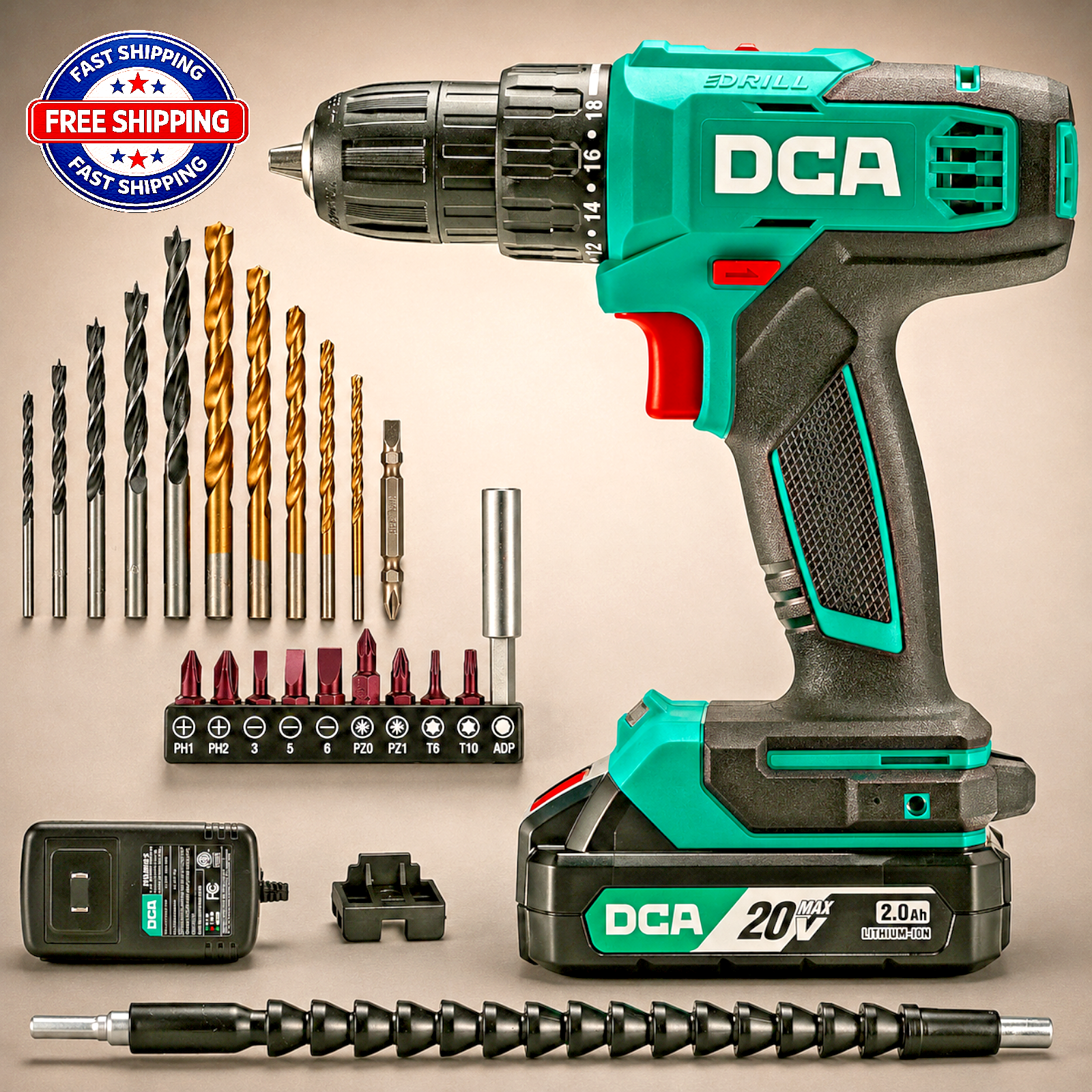 DCA Cordless Drill Set 354 in-lbs Torque 3/8" Keyless Chuck Electric Power Drill