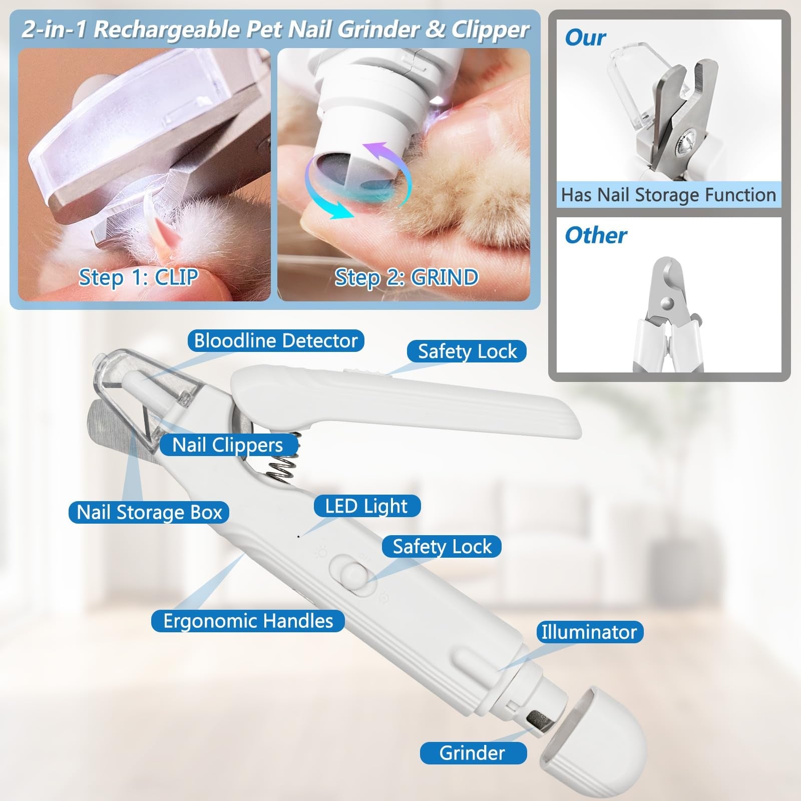 LED Pet Nail Clipper Grinder 2-in-1 Safe Trim Quiet Small Dogs Cat Home Grooming