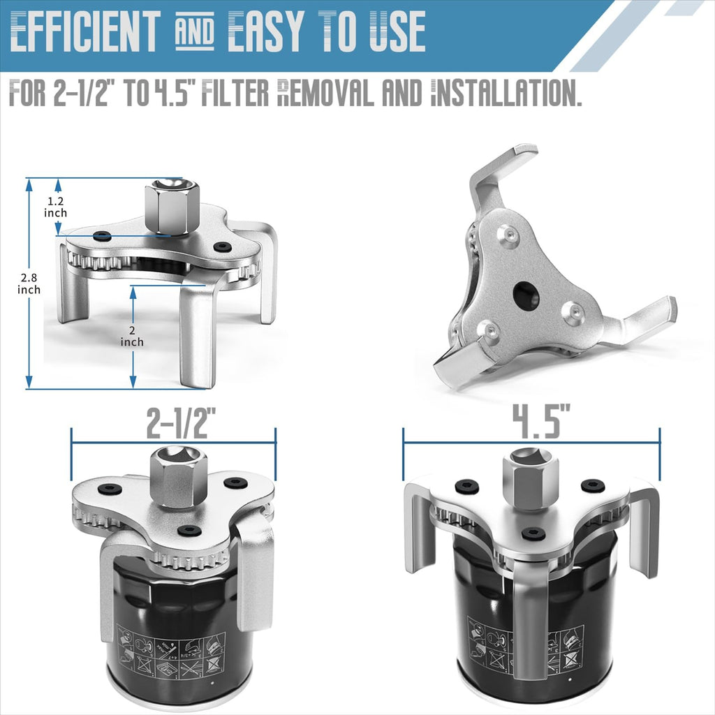 Adjustable Oil Filter Wrench 3-Jaw 2.5–4.5 Inch Removal Tool for Cars