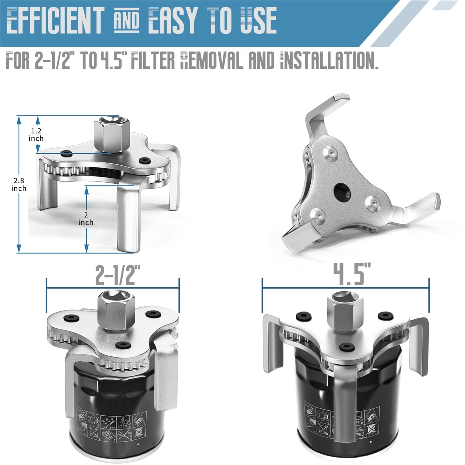 Adjustable Oil Filter Wrench 3-Jaw 2.5–4.5 Inch Removal Tool for Cars