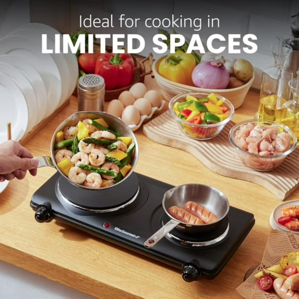 Elite Gourmet Double Cast Iron Burner 1500W Hot Plate w Temp Controls