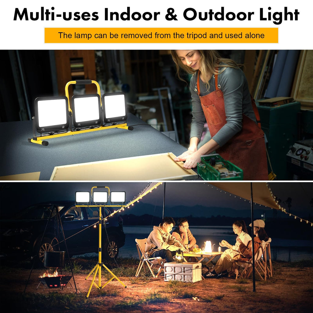 225W LED Work Light w/ Tripod 22500LM 3 Head IP66 Waterproof 16FT Cord