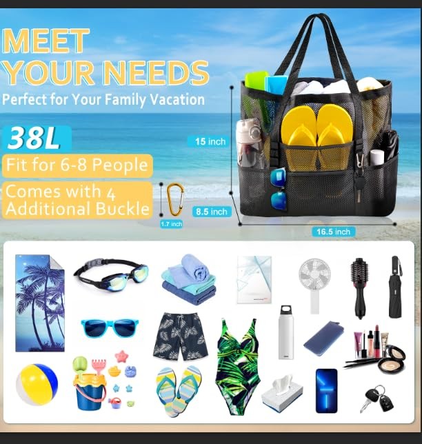 SRISE Mesh Beach Bag - Large Tote Bag for Family , Toys & Vacation Essentials
