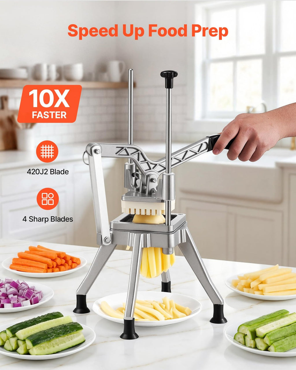 VEVOR French Fry Cutter Vegetable Chopper 4 Blades 1/4 3/8 1/2 Apple Corer