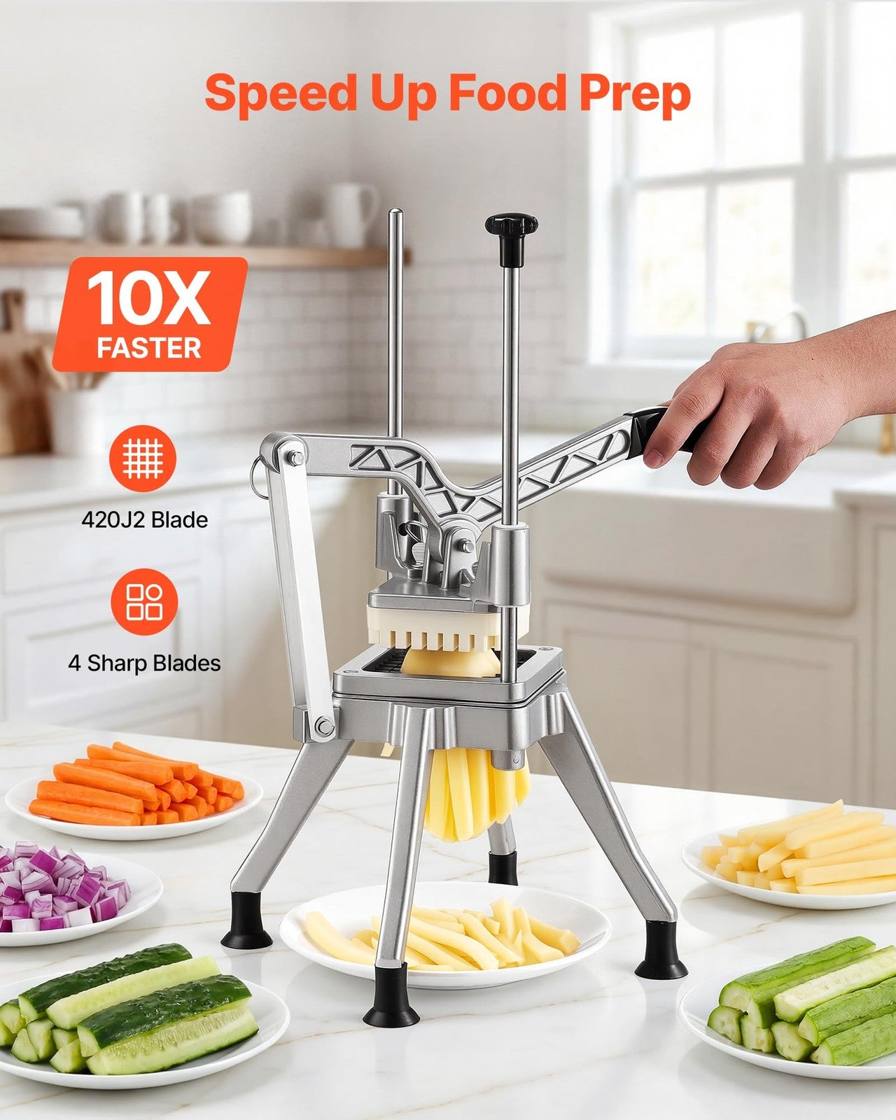 VEVOR French Fry Cutter Vegetable Chopper 4 Blades 1/4 3/8 1/2 Apple Corer