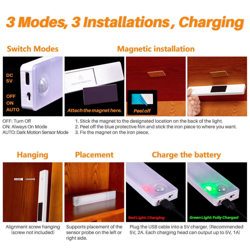 STAR-SPANGLED Motion Sensor LED Under Cabinet Light Rechargeable Magnetic 2 Pack