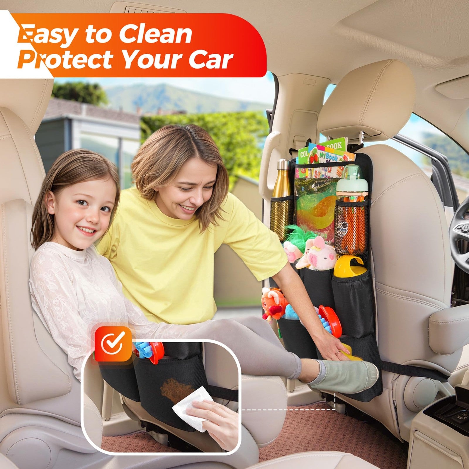 Car seat Organizer with 11-inch Tablet Holder 8 Pockets- Protector for Road Trip