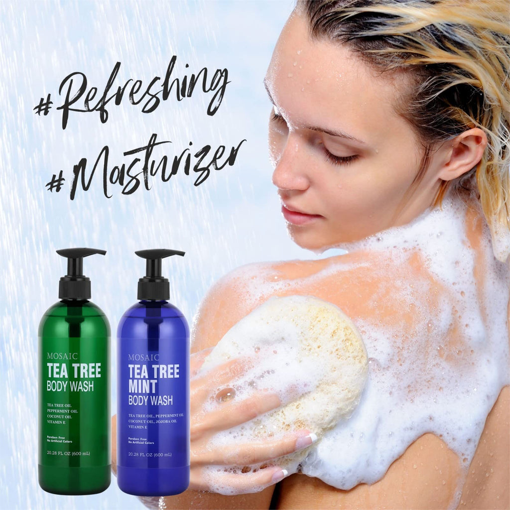 Tea Tree Body Wash with Mint & Shower Gel with Vitamin E for Jock Itch, Eczema,
