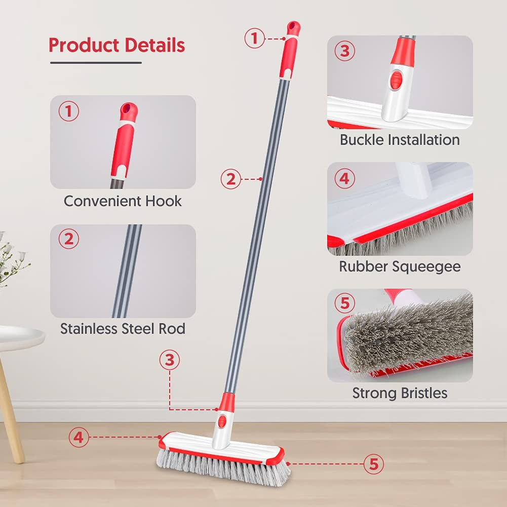 Floor Scrub Brush with Long Handle, Scrubbing Brush Squeegee Broom for Cleaning