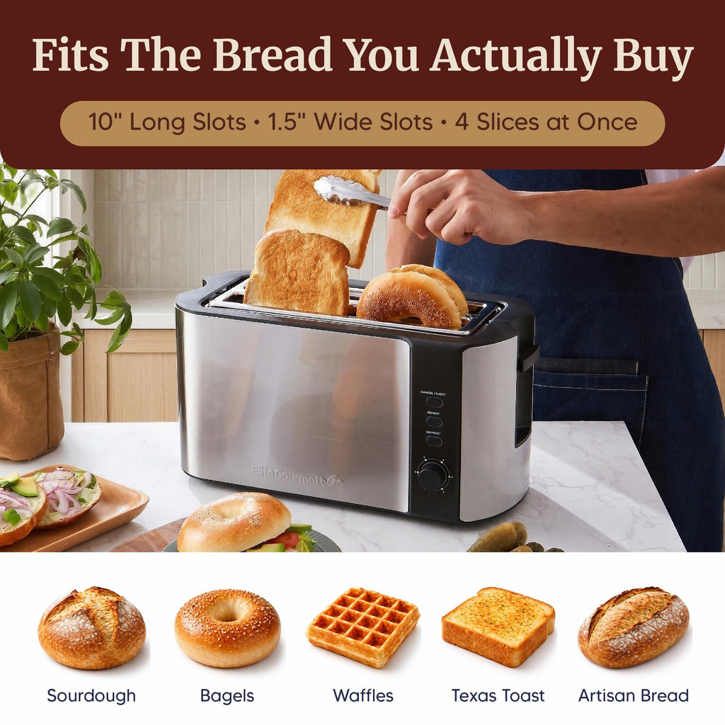 Elite Gourmet 4 Slice Long Slot Toaster Wide Slots Warming Rack Extra wide