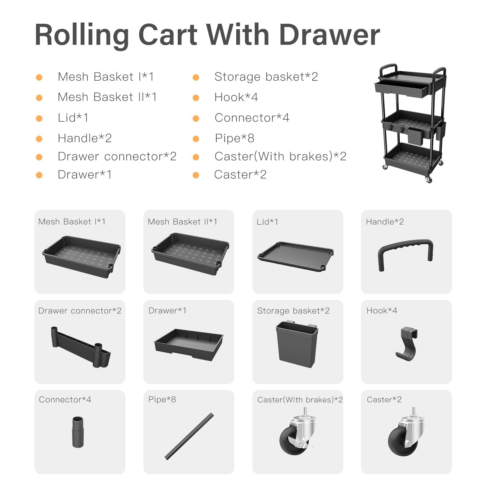 3 Tier Rolling Utility Cart with Drawer, Utility Cart Made for Multifunctional