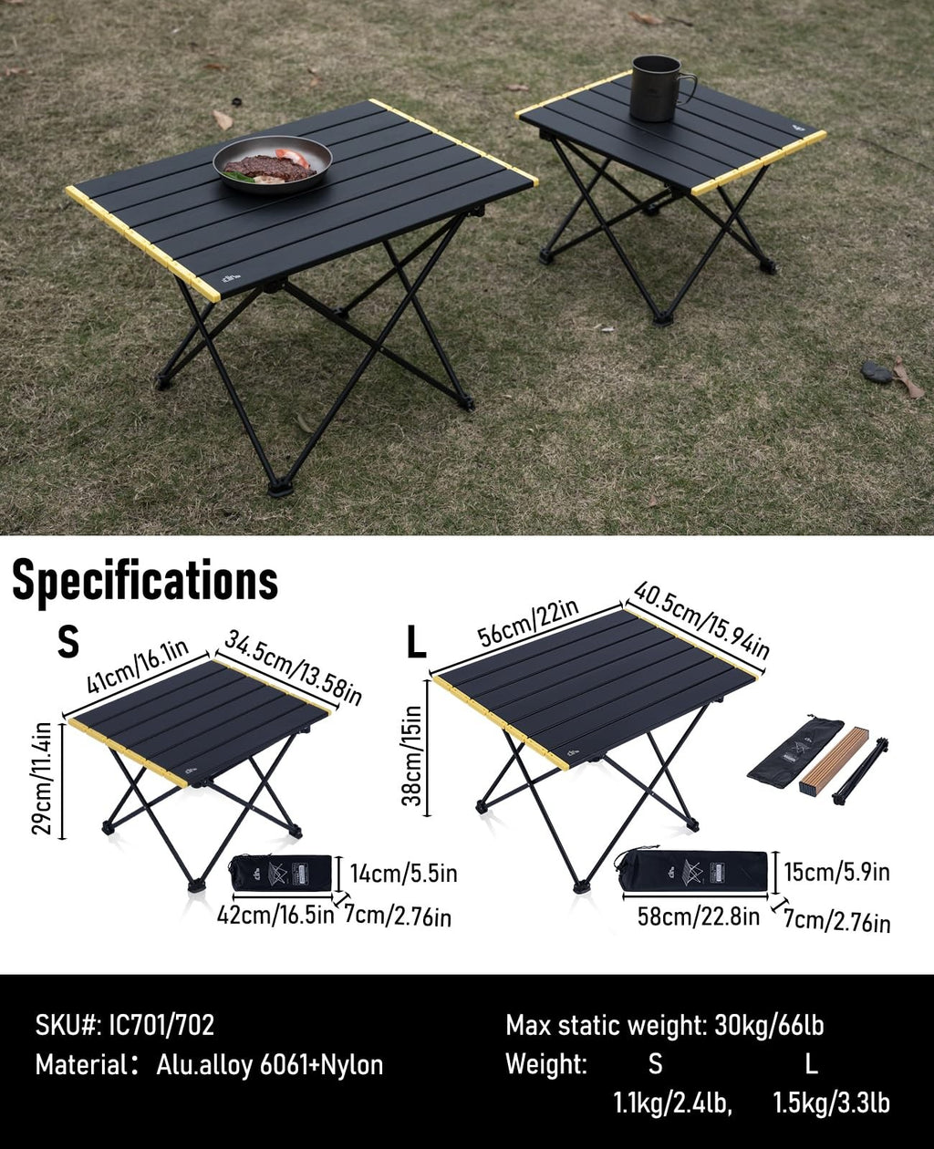 Ultralight Folding Camping Table Small Black w/ Carry Bag 16"x13.6" 66 lb