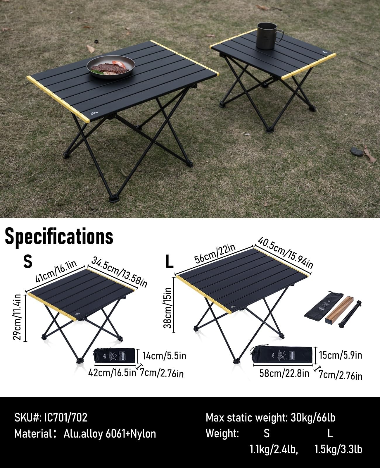 Ultralight Folding Camping Table Small Black w/ Carry Bag 16"x13.6" 66 lb