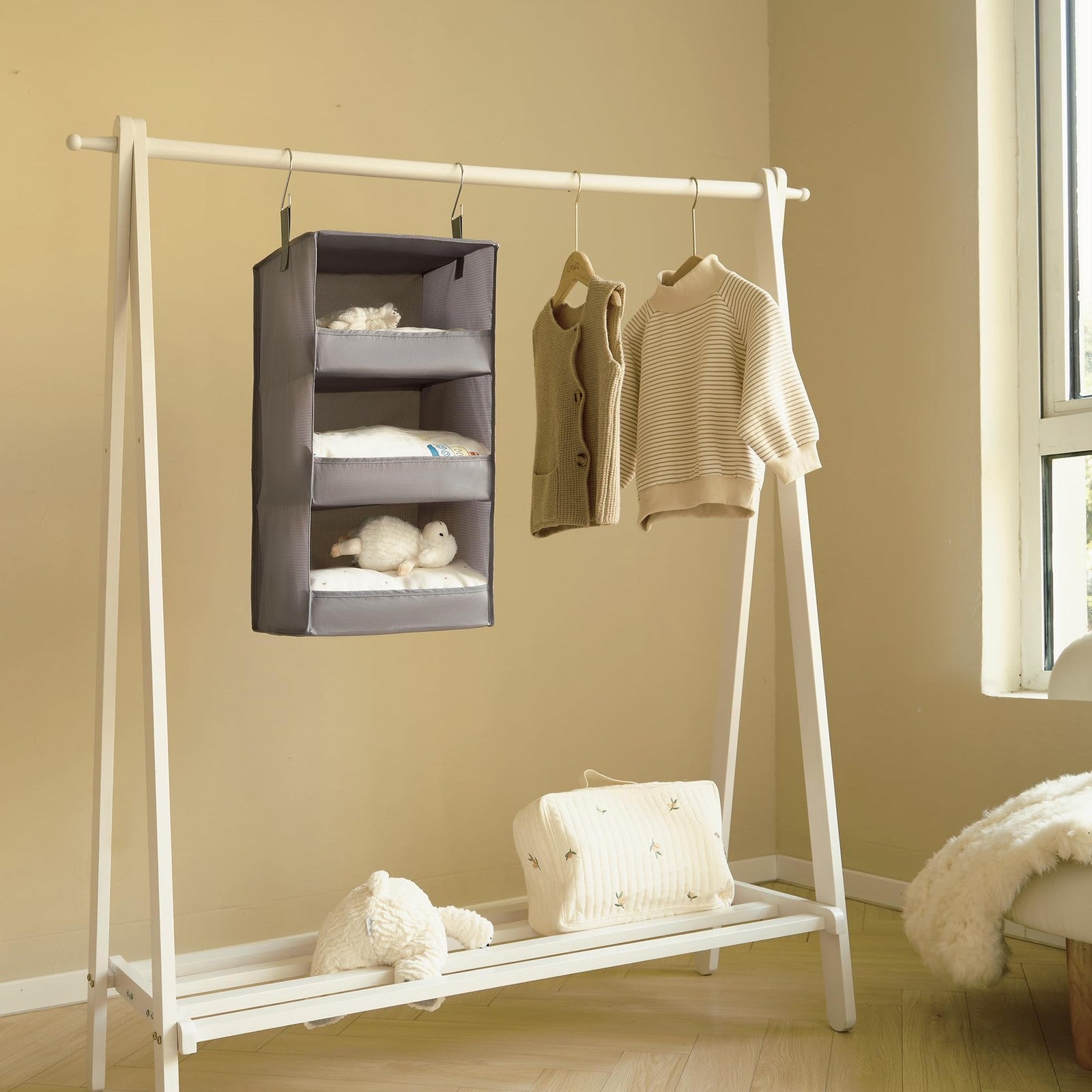 Hanging Closet Organizer 3 Shelf Collapsible Storage Shelves Gray 12x12x29.5