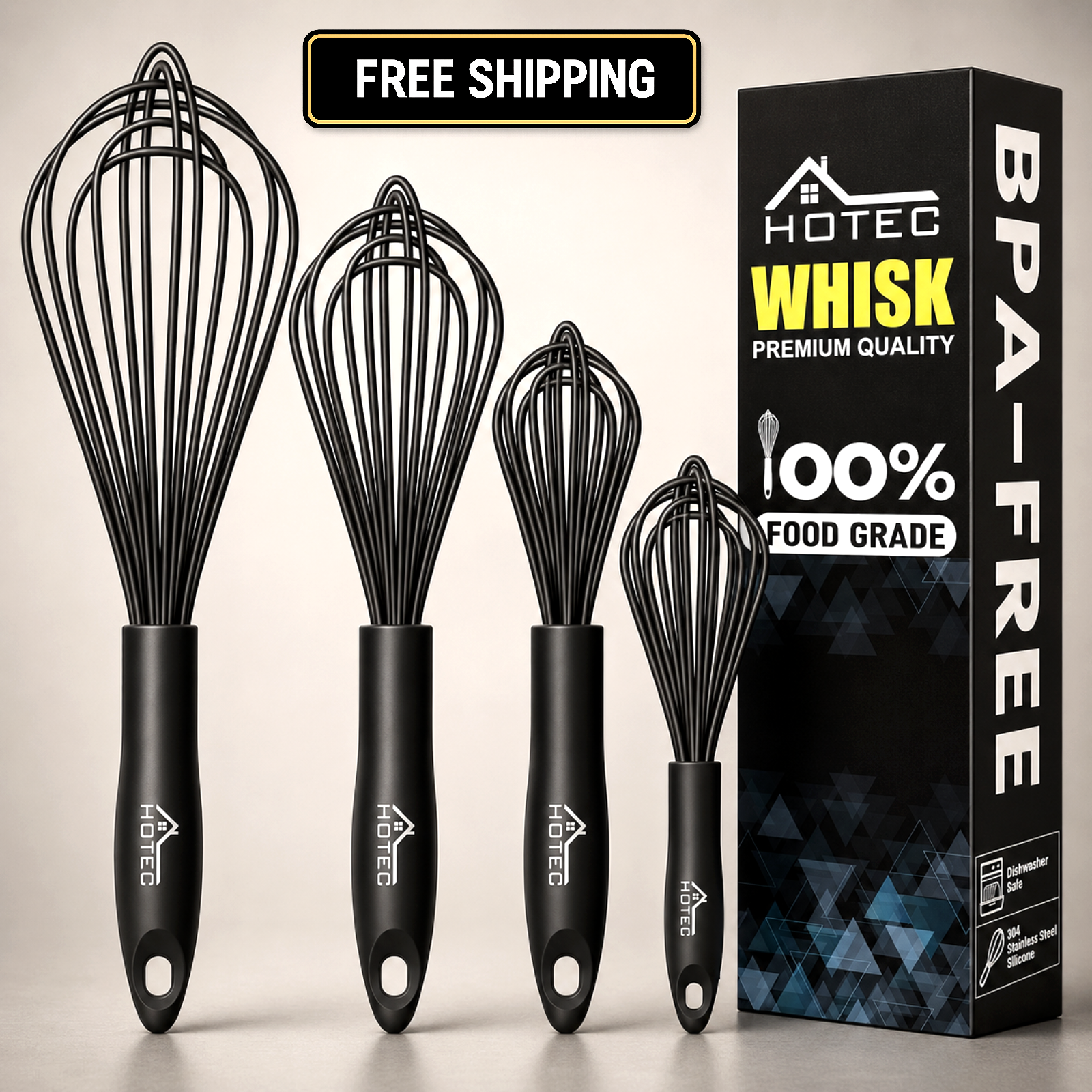 HOTEC 4PC Silicone Whisk Set Heat Resistant Nonstick Safe Kitchen Tools