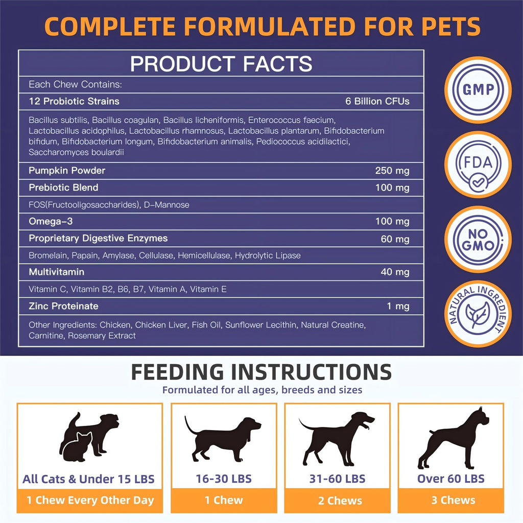 Dog Probiotics Chews 6 Billion CFU Digestive & Gut Health Pumpkin 120ct