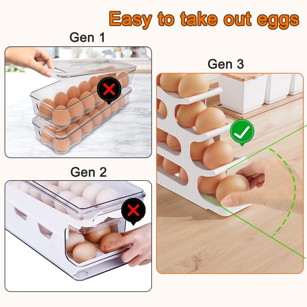 24-Egg Auto Rolling Egg Holder for Fridge 4-Tier Slim Refrigerator Organizer
