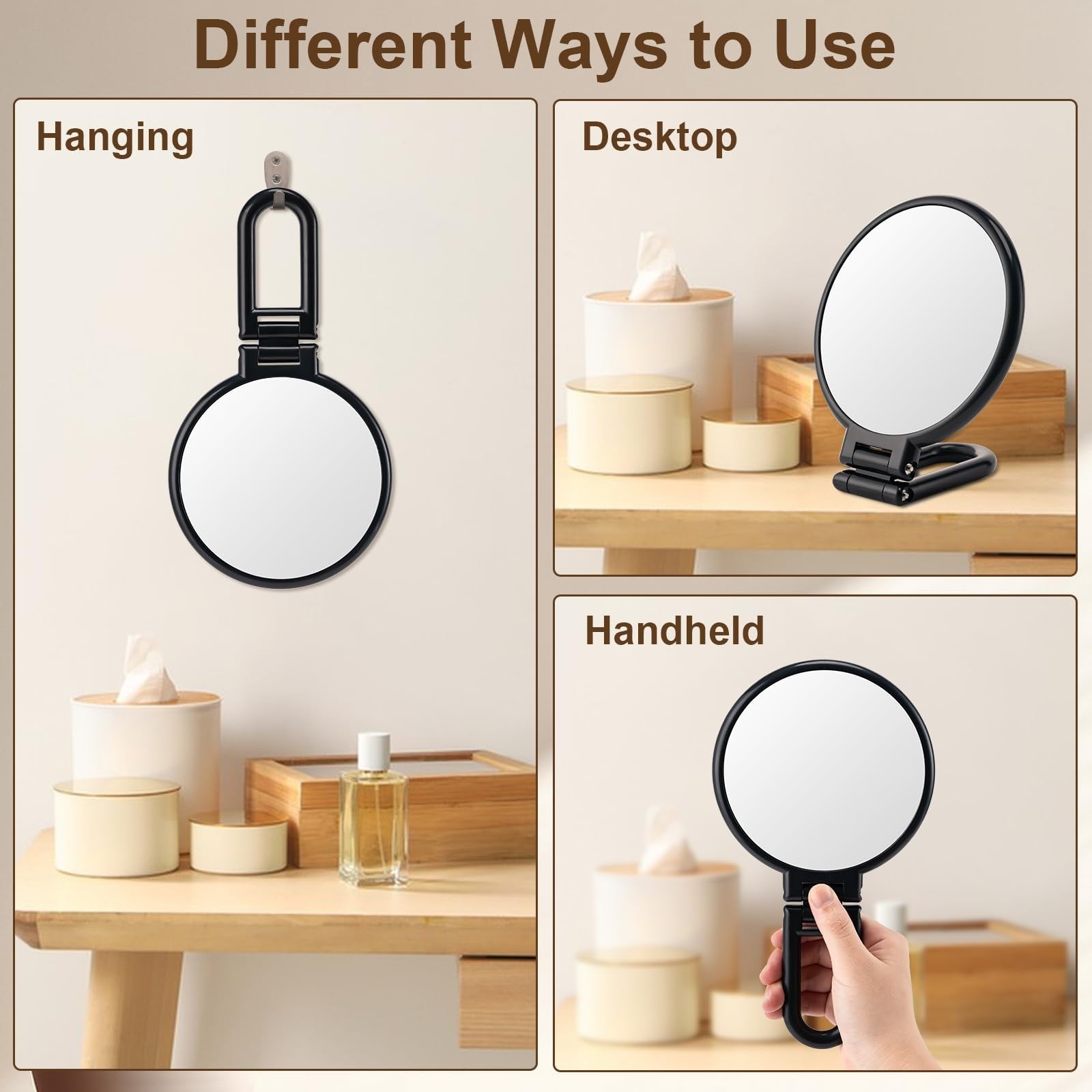 BOOMIBOO Handheld Magnifying Mirror 10X Foldable Travel Makeup Desk Vanity Black