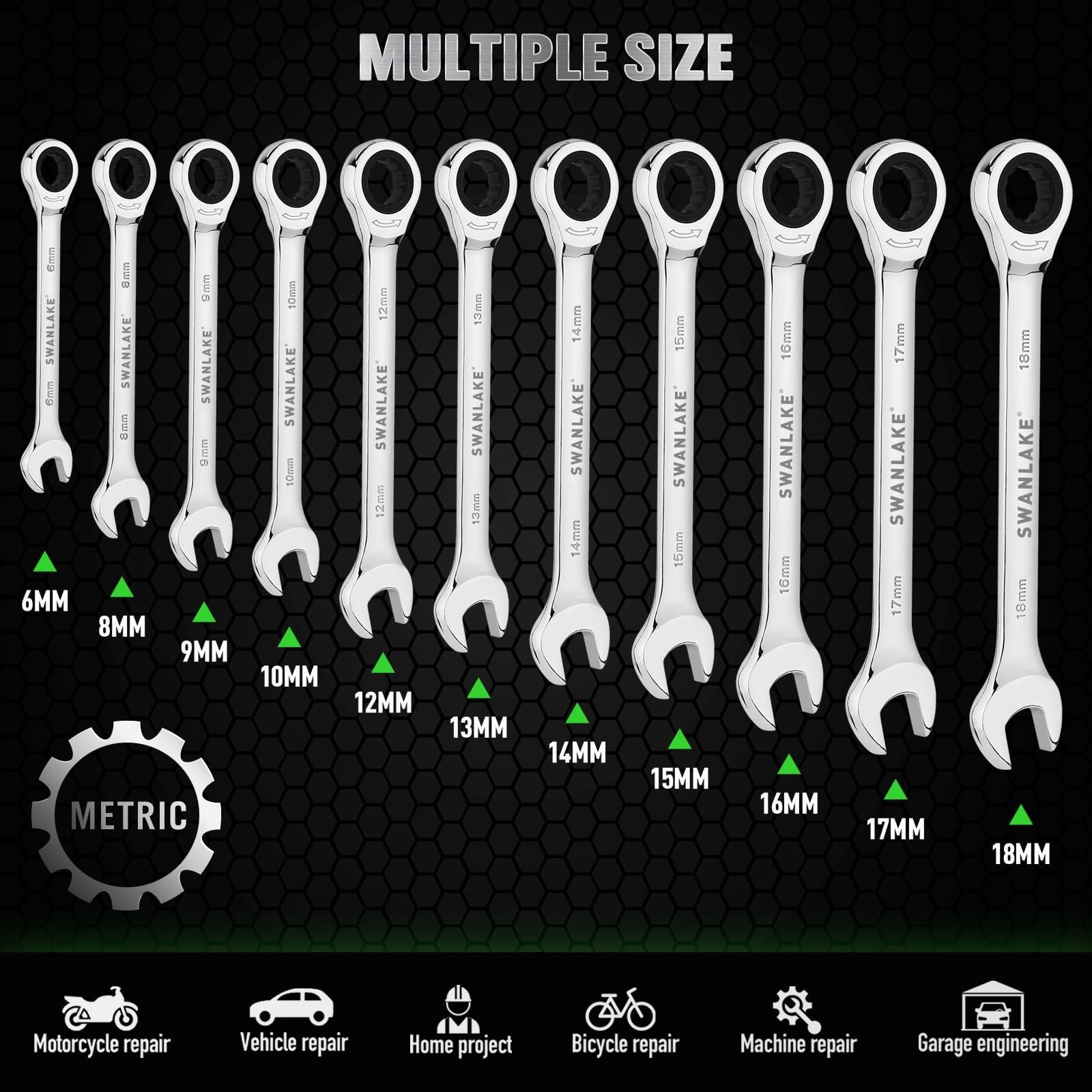 12PC Ratchet Wrench Set 6-18mm Metric 72-Tooth CR-V Steel w/ Organizer