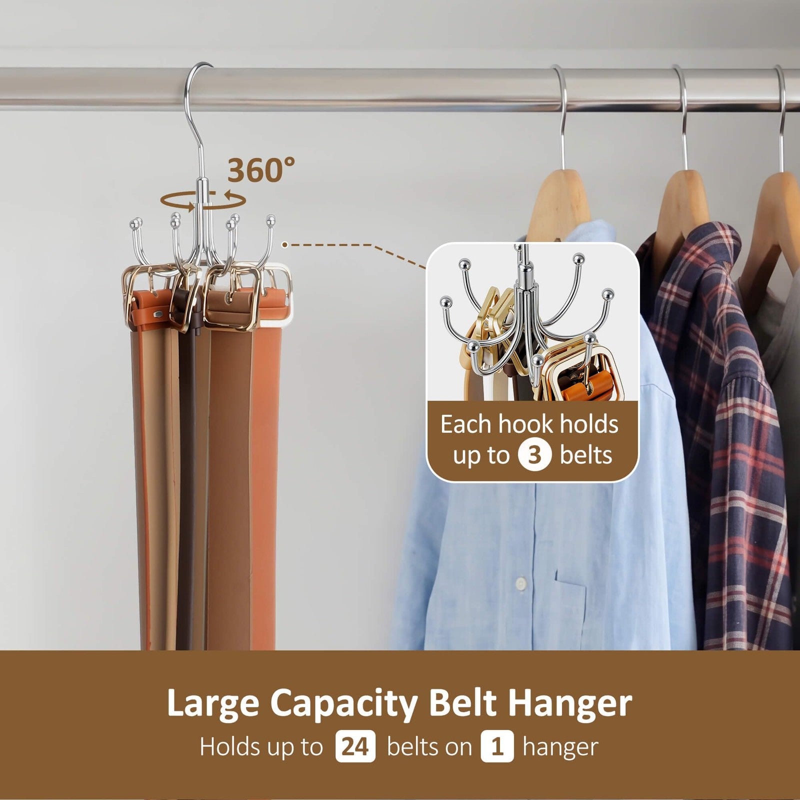 Belt Organizer for Closet Holds 24 Belts Rotating Metal Hanger Tie Storage Rack