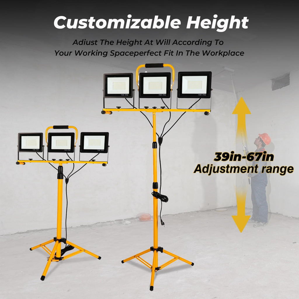 225W LED Work Light w/ Tripod 22500LM 3 Head IP66 Waterproof 16FT Cord