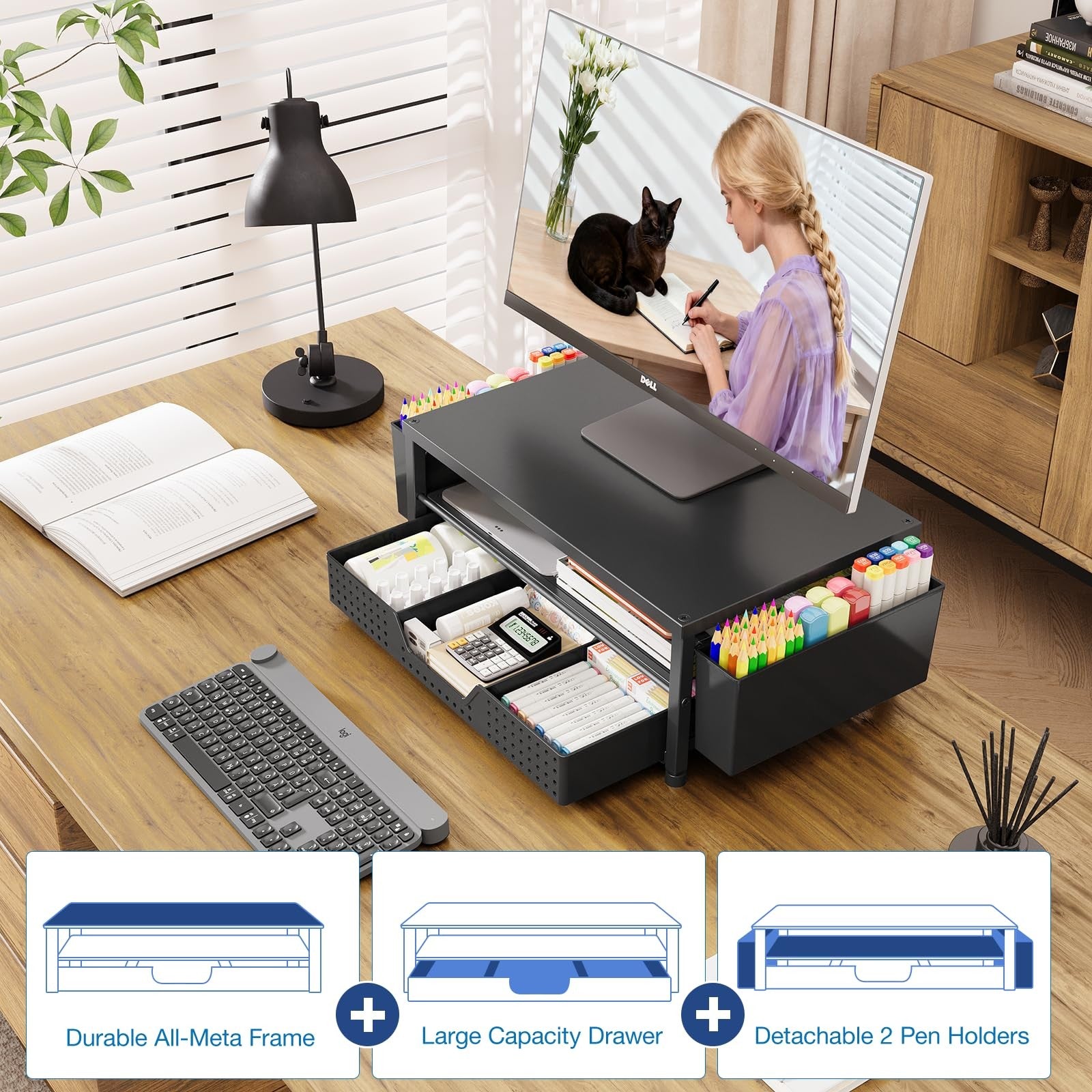 Monitor Stand Riser Desk Organizer Drawer Storage Workspace Home Office