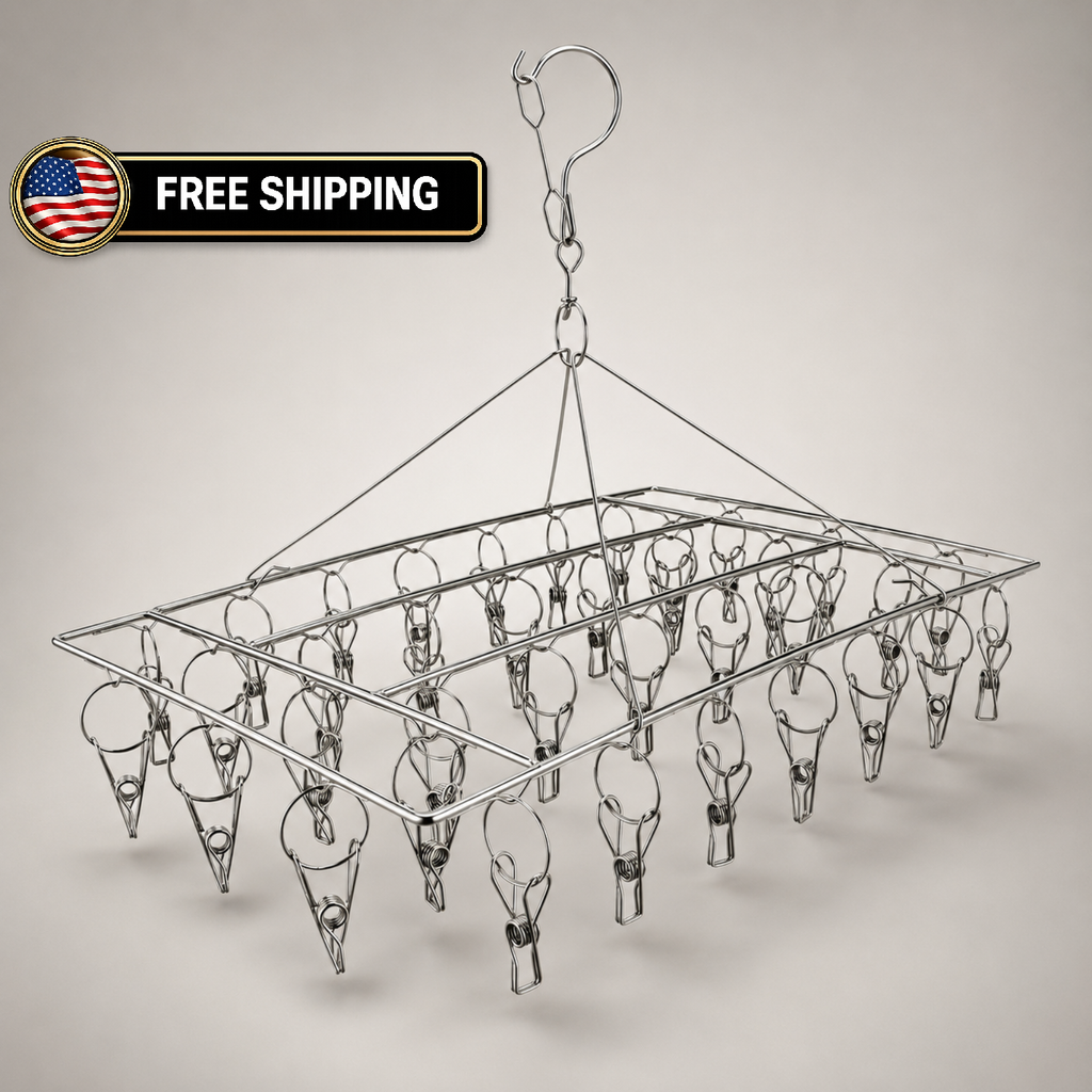 Stainless Steel Sock Drying Rack with 36 Clips, Swivel Hook Wind-Proof - Hanger