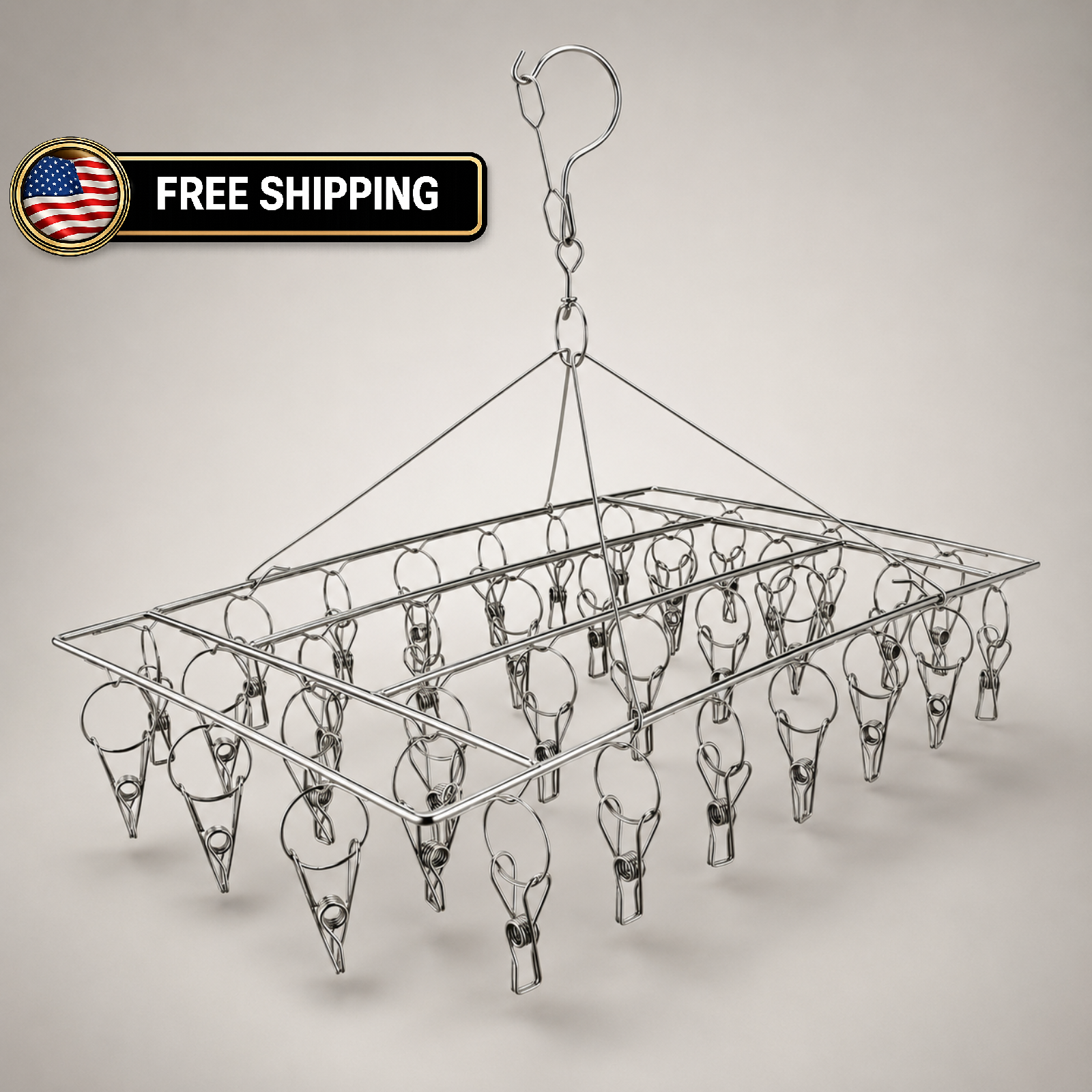Stainless Steel Sock Drying Rack with 36 Clips, Swivel Hook Wind-Proof - Hanger