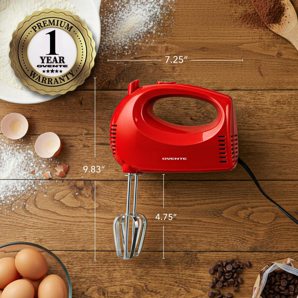 OVENTE 5-Speed Electric Hand Mixer 150W with Storage Case & Whisks Red