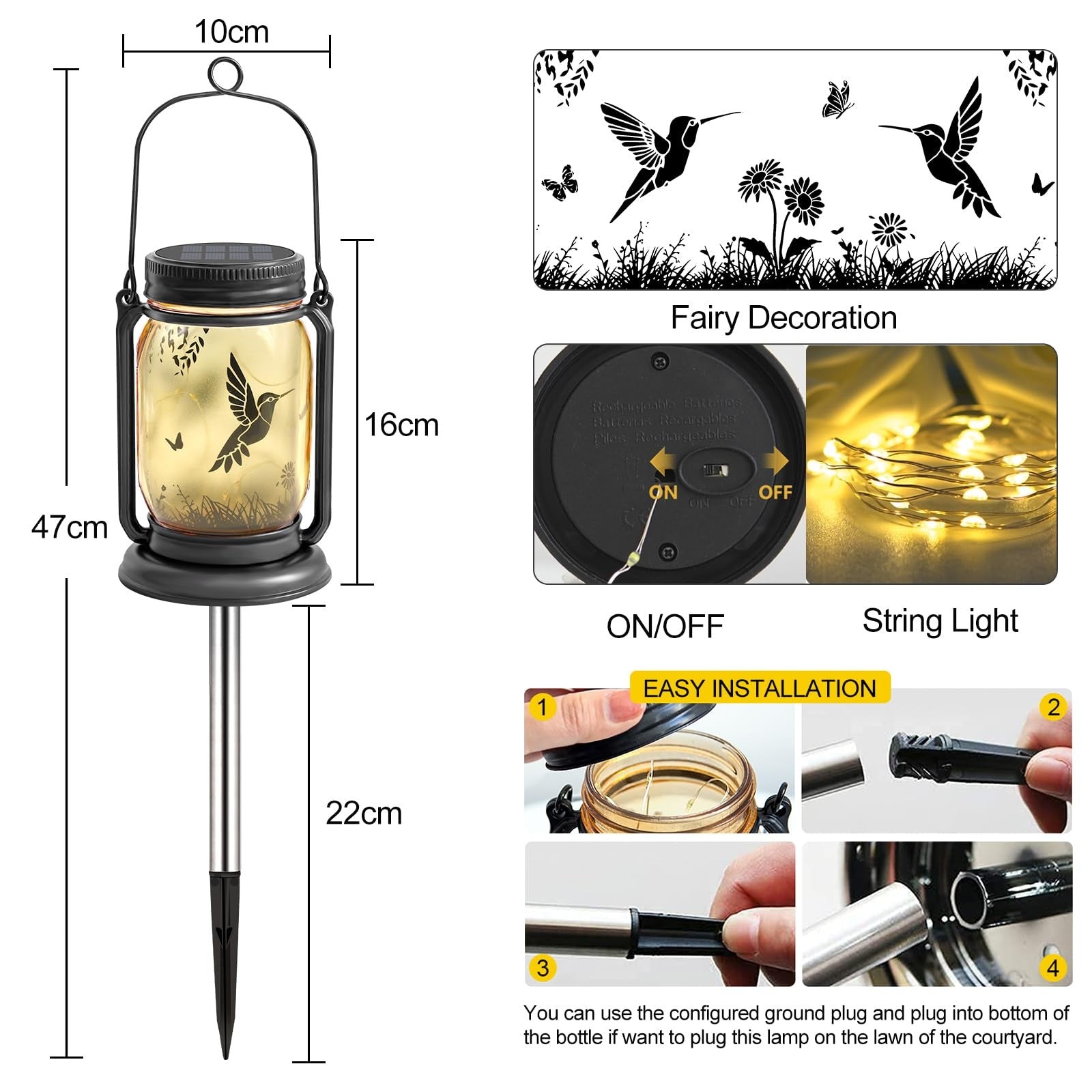 Solar Mason Jar Lantern Waterproof Hummingbird LED Garden Decor Patio Yard