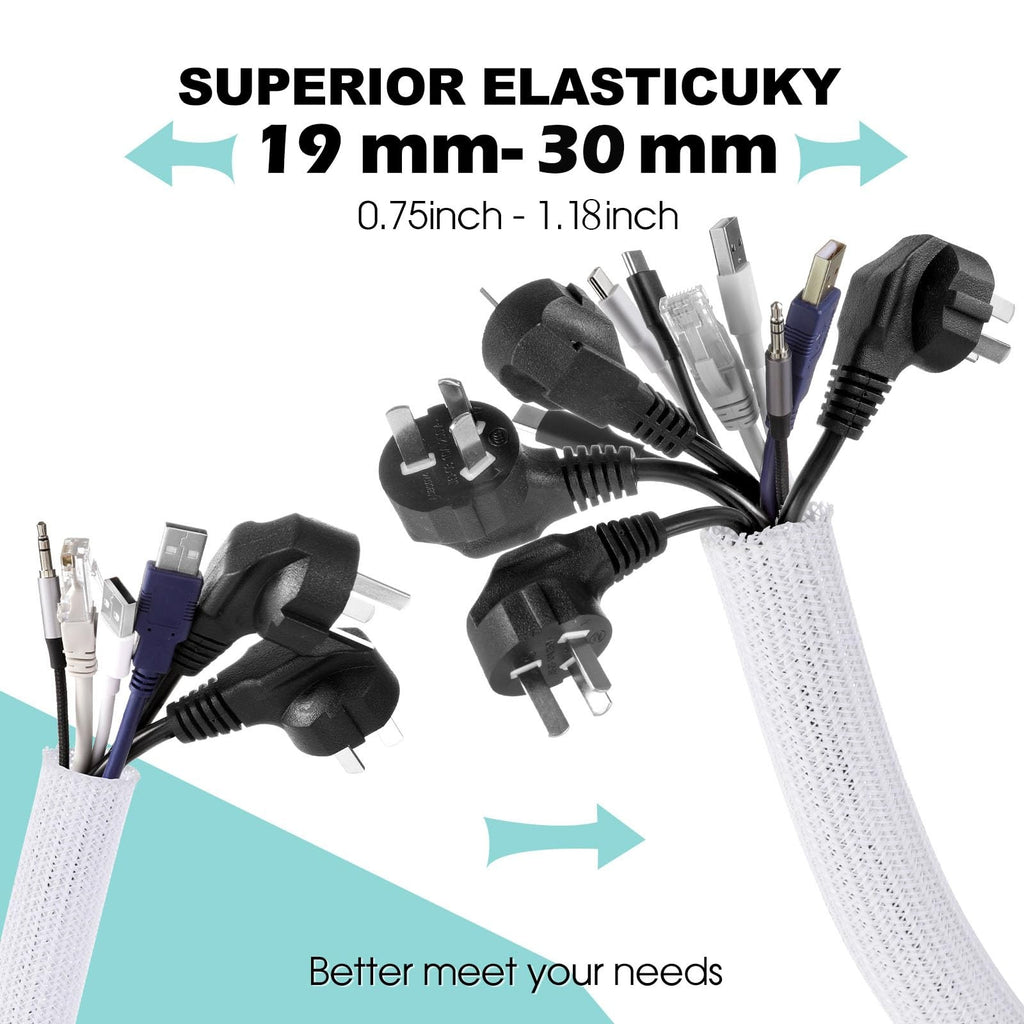 AGPTEK White Cable Sleeve 2 Pack 5ft - 1.2 Inch Cable Management Desk Cord Cover