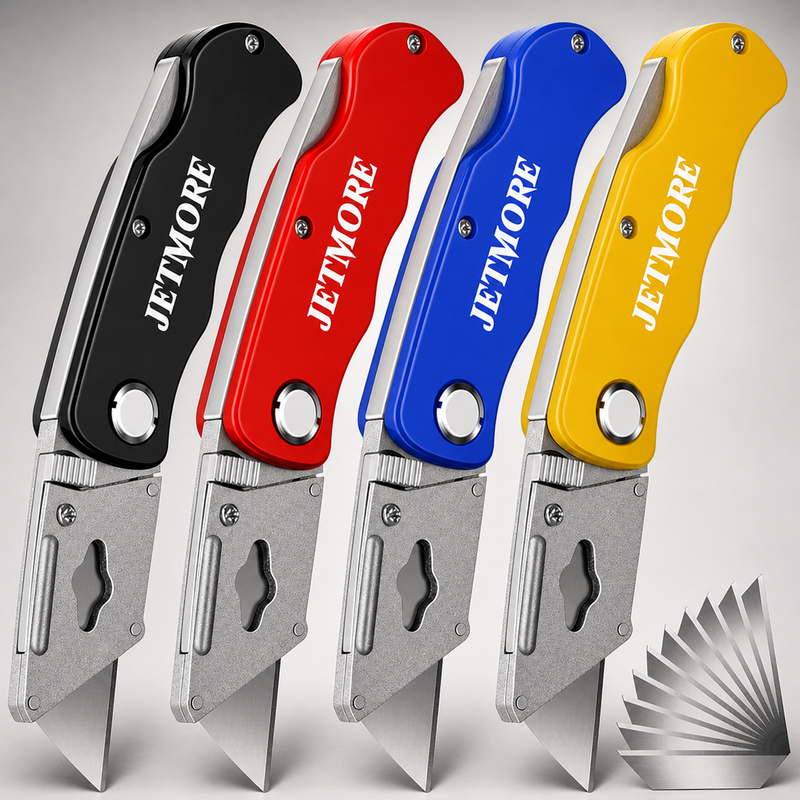 Folding Utility Knife Set 4Pc Box Cutter with 10 Extra Blades Razor Knife Kit