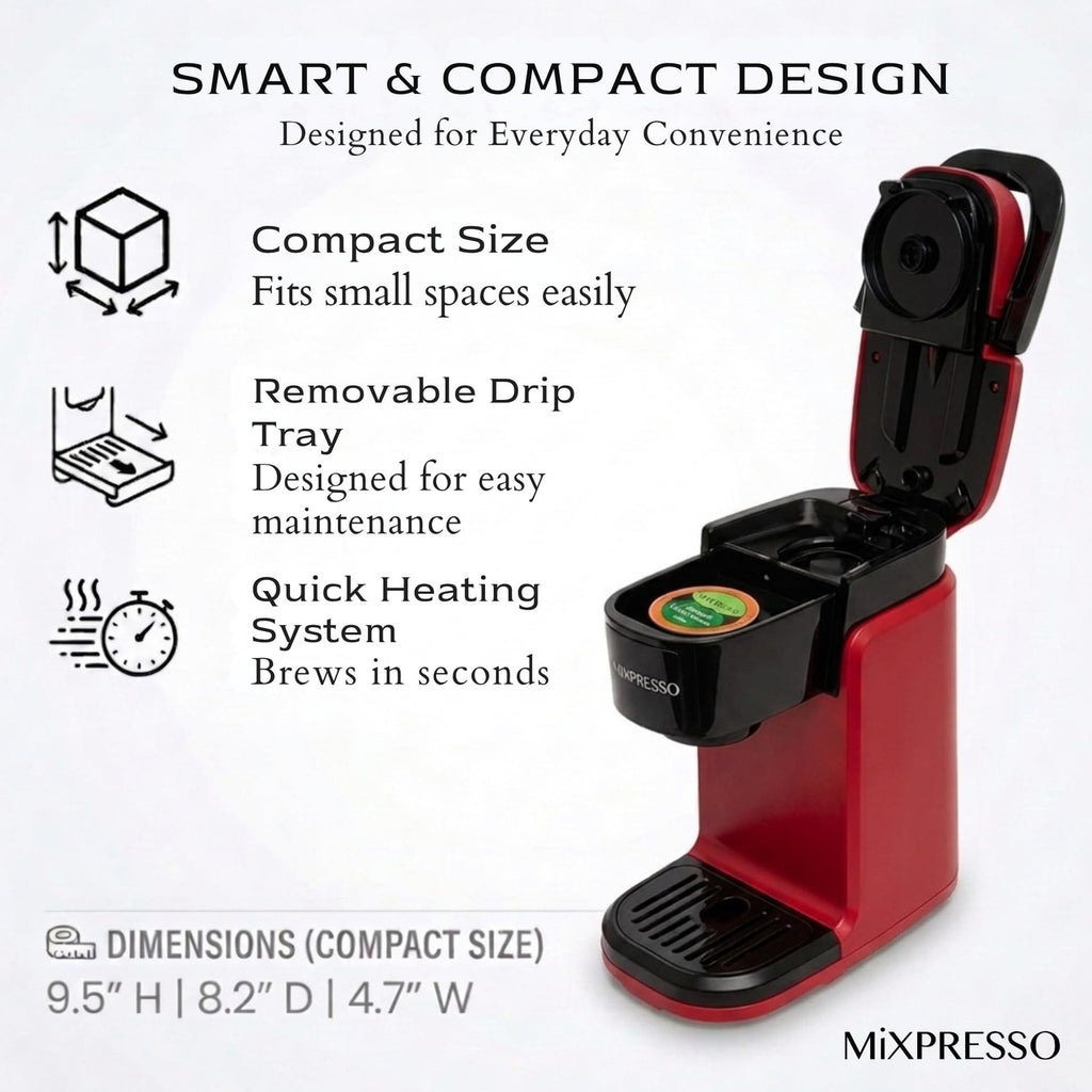 Mixpresso Single Serve Coffee Maker K-Cup & Grounds Compact 12oz Red