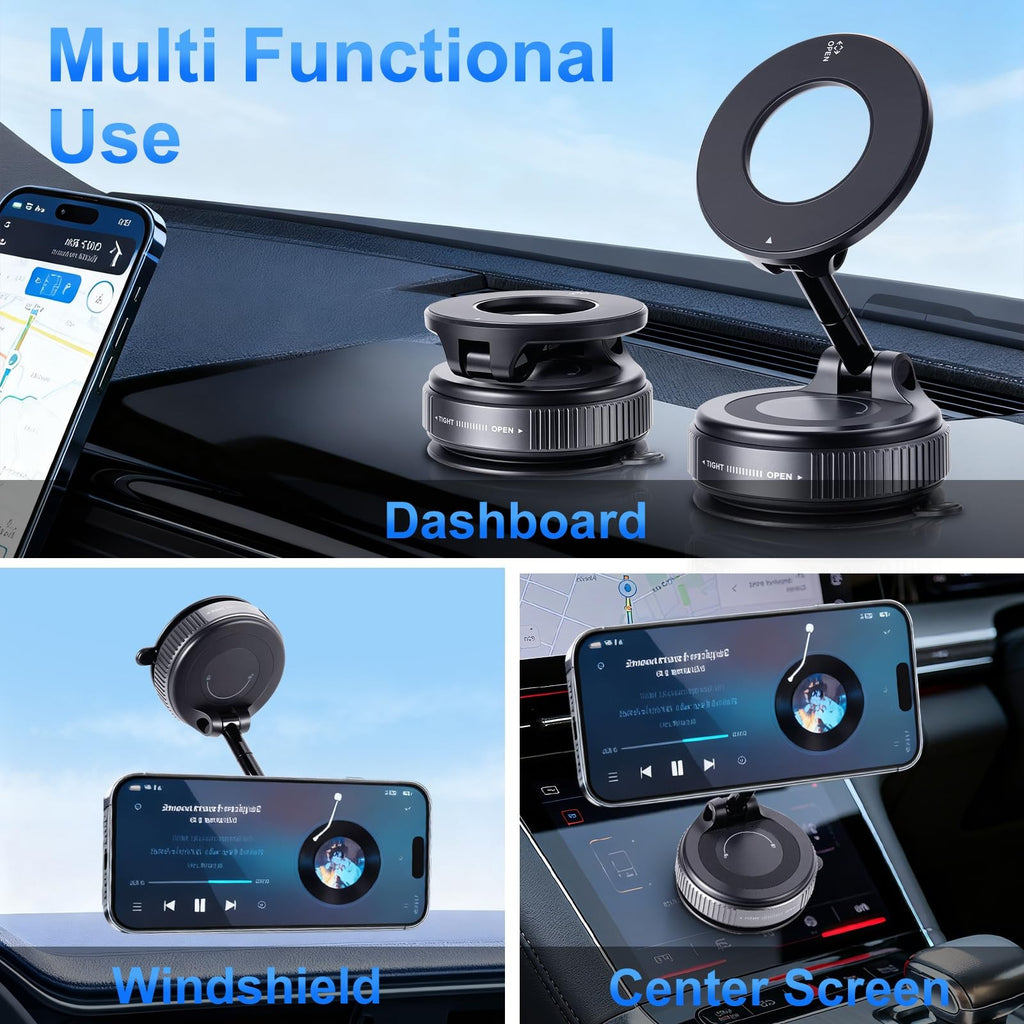 Magnetic Car Phone Mount Vacuum Suction 360 Rotation , Dashboard - Windshield