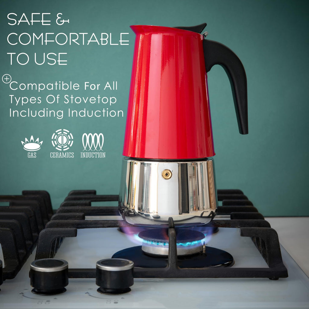 Mixpresso Red 9 Cup Greca Stovetop Espresso Pot 450Ml/15Oz, Moka Pot with Coffee