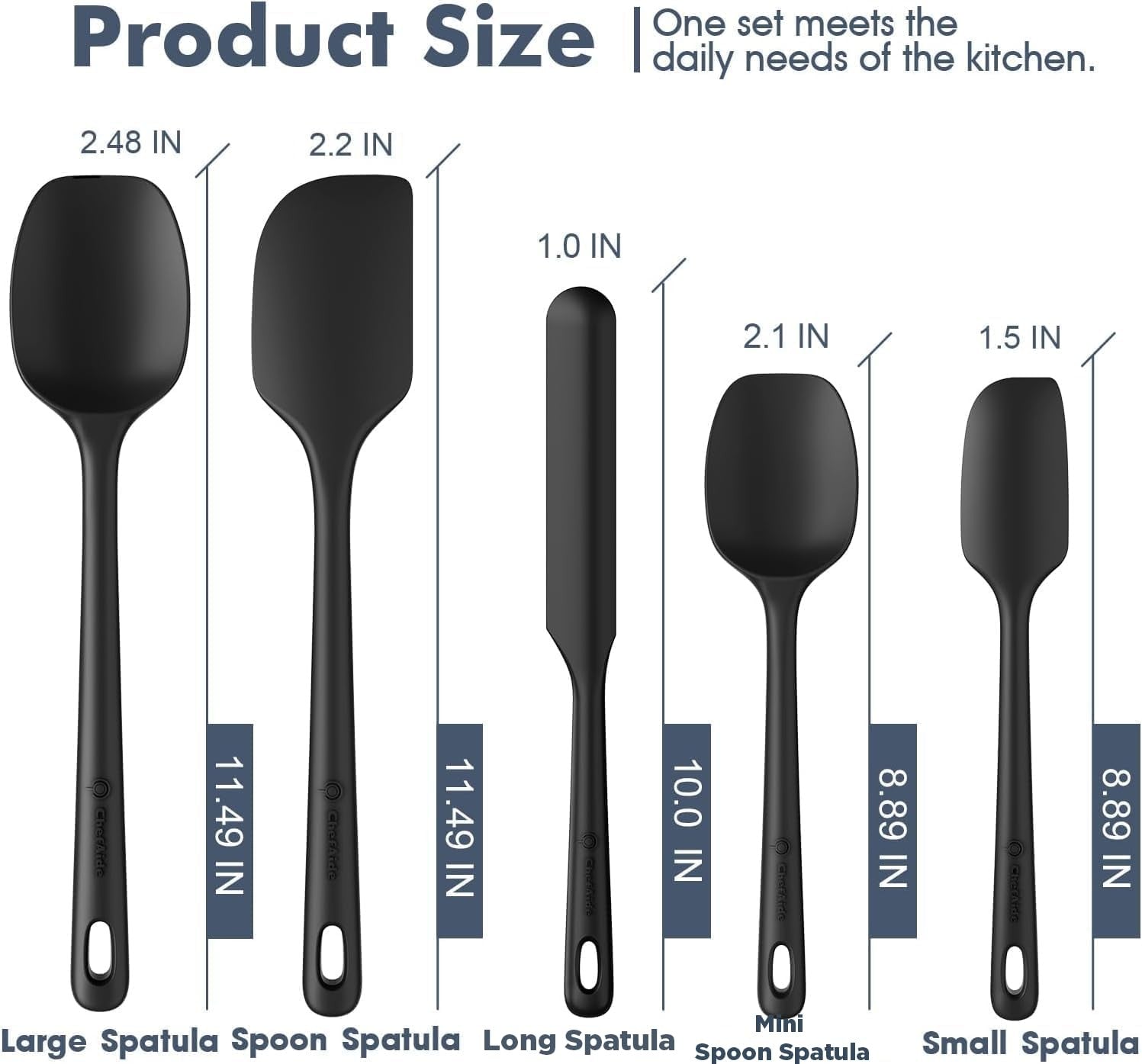 ChefAide 5PC Silicone Spatula Set Heat Resistant 600°F Nonstick Safe