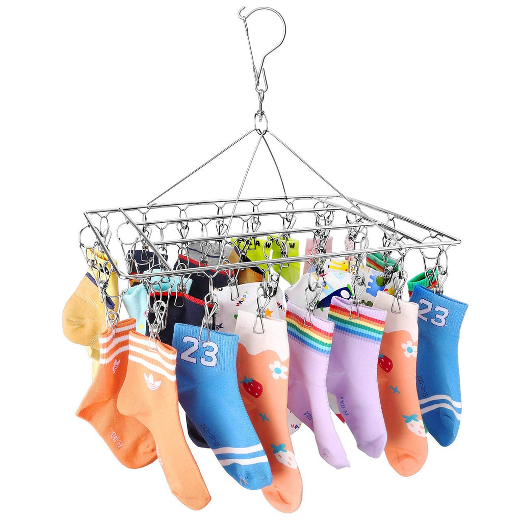 Stainless Steel Sock Drying Rack with 36 Clips, Swivel Hook Wind-Proof - Hanger