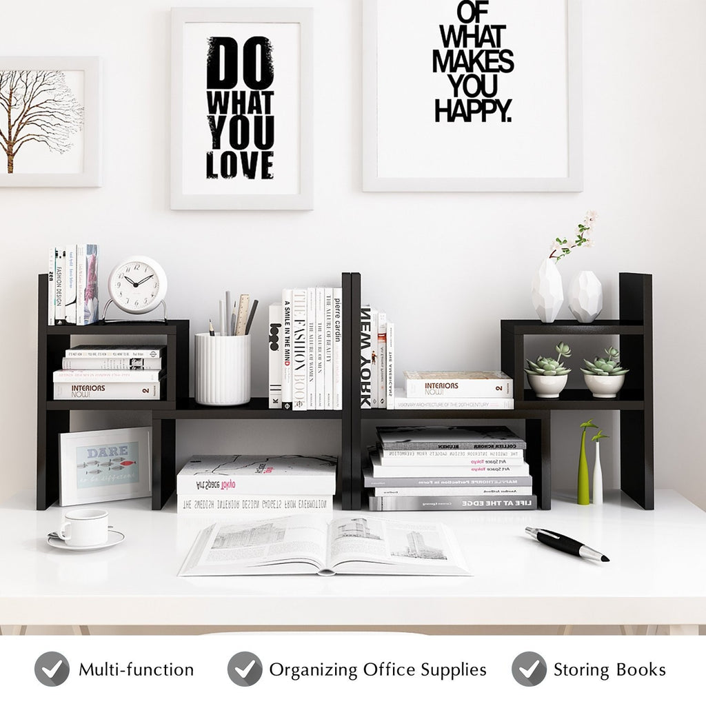 Adjustable Desktop Bookshelf Organizer MDF Desk Storage Shelf Black 24-60in