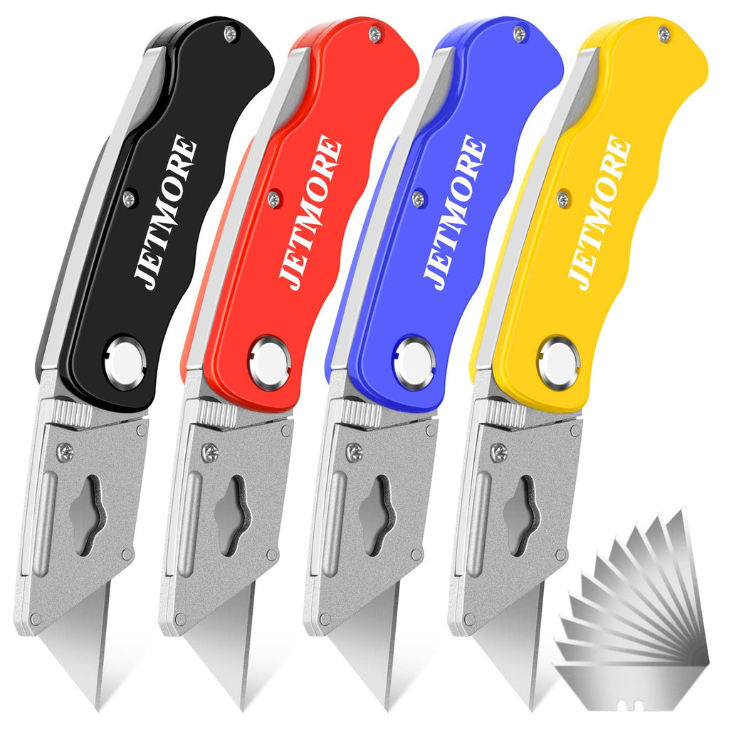 Folding Utility Knife Set 4Pc Box Cutter with 10 Extra Blades Razor Knife Kit