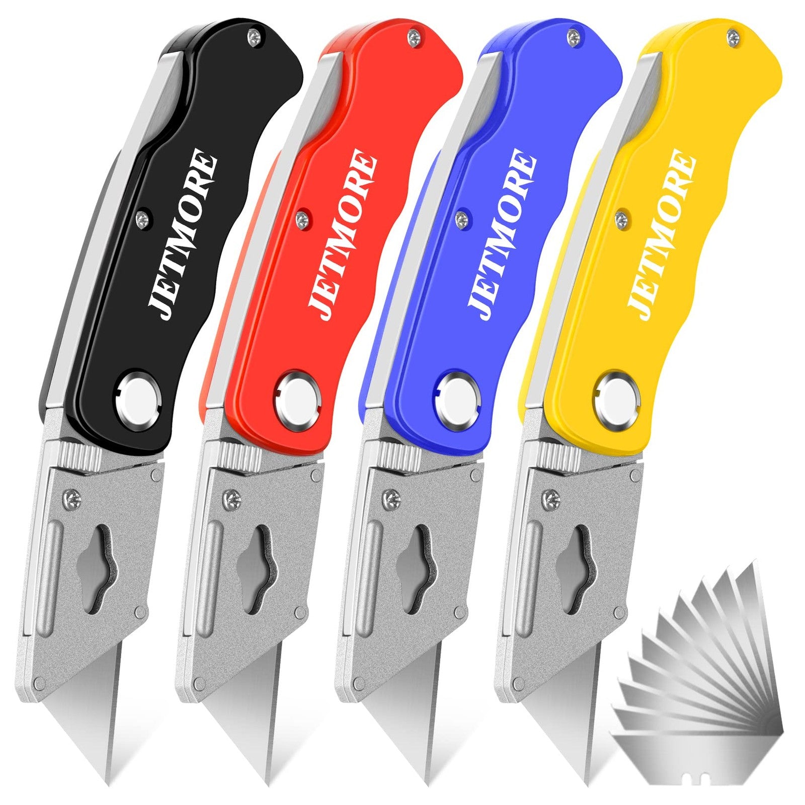 Folding Utility Knife Set 4Pc Box Cutter with 10 Extra Blades Razor Knife Kit
