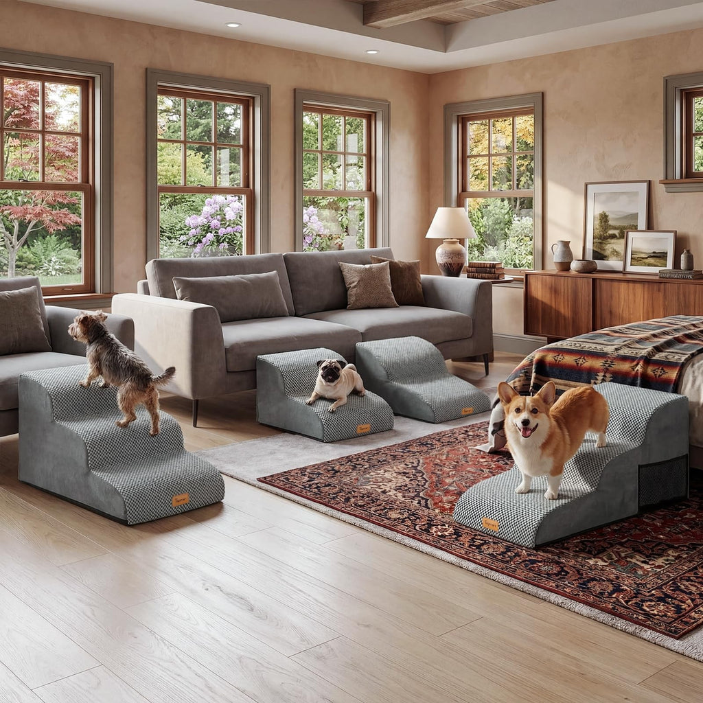 3 Tiers Foam Dog Ramps/Steps ,Non-Slip Pet Steps Extra Wide Deep Dog Stairs.