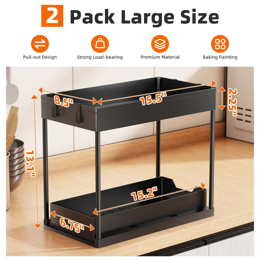2 Pack Under Sink Organizer Pull Out Cabinet Storage 2 Tier