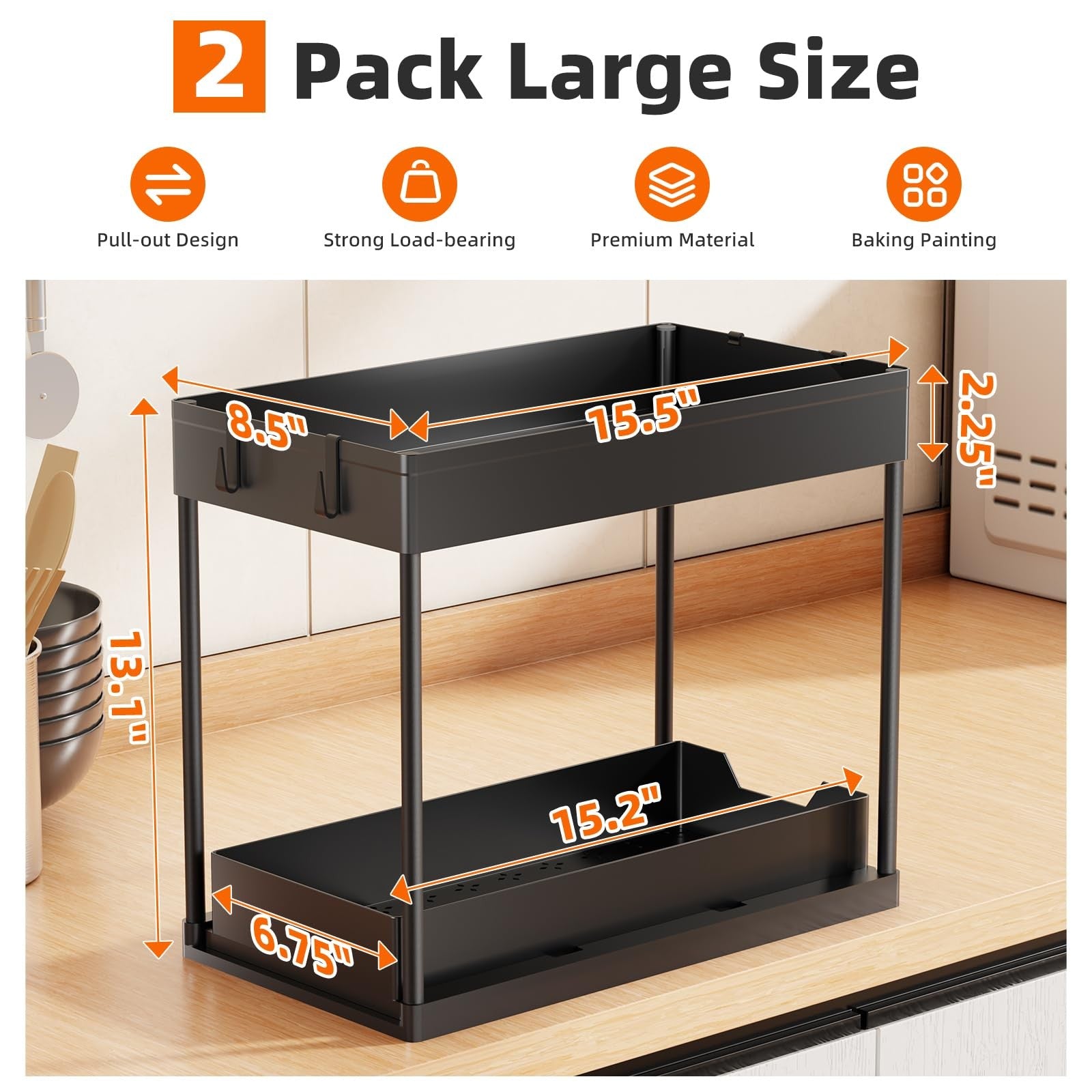 2 Pack Under Sink Organizer Pull Out Cabinet Storage 2 Tier