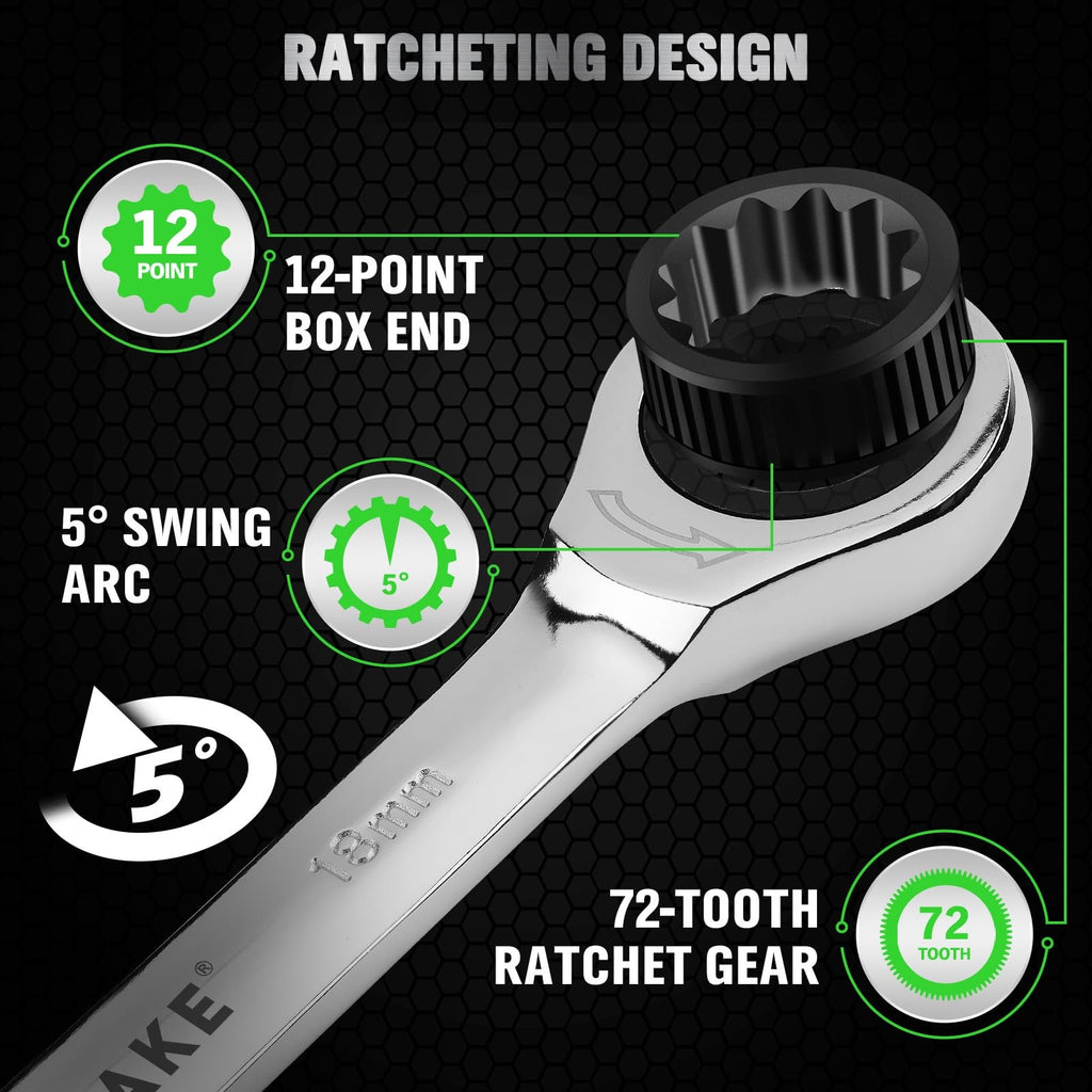 12PC Ratchet Wrench Set 6-18mm Metric 72-Tooth CR-V Steel w/ Organizer